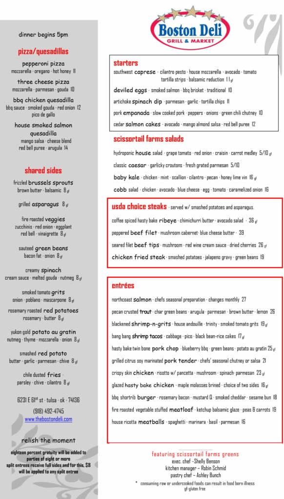 Dinner Menu - The Boston Deli Grill and Market