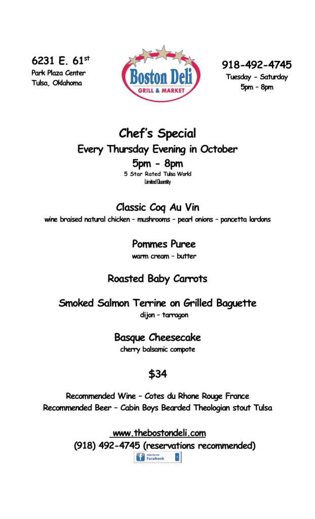 Boston Deli Thursday dinner special menu for October 2026